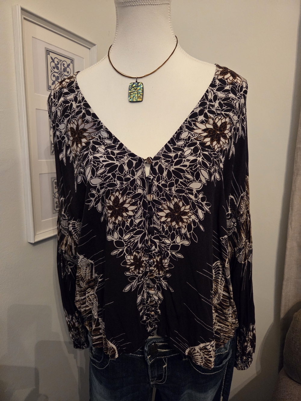 Free People Birds Of A Feather V-Neck Oversized Bohemian Blouse/ Top